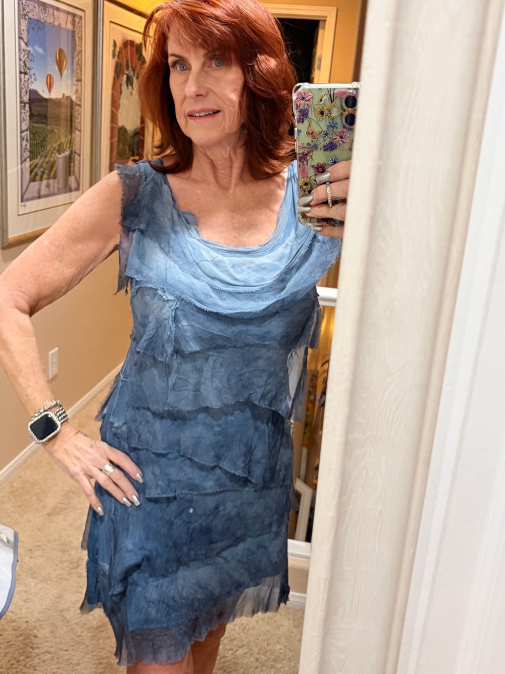Tempo Paris 100% Italian Silk Ombre Denim Blue Dress - Size M - Tiered Layers